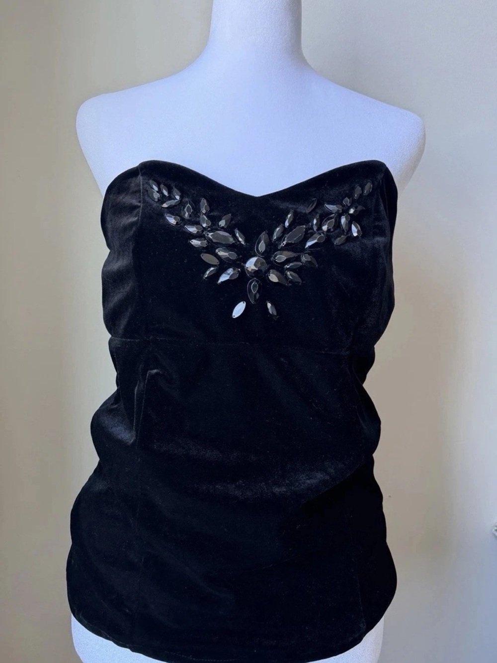 White House Black Market Black Velvet Embellished Strapless Top Corset Style M